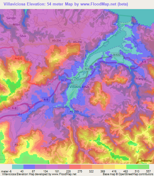 Villaviciosa,Spain Elevation Map