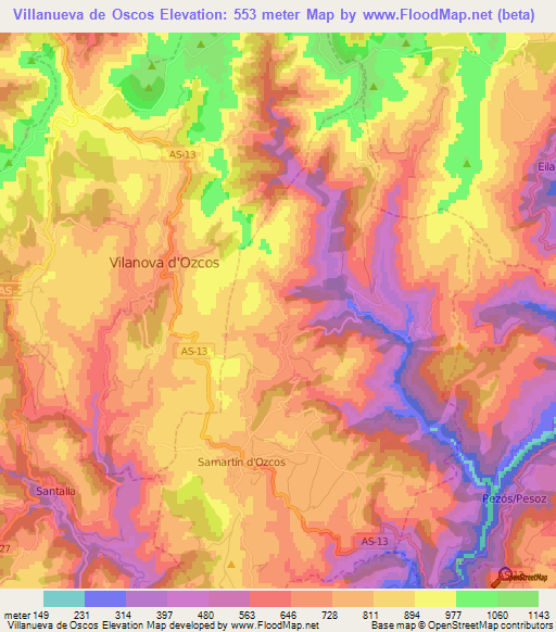 Villanueva de Oscos,Spain Elevation Map