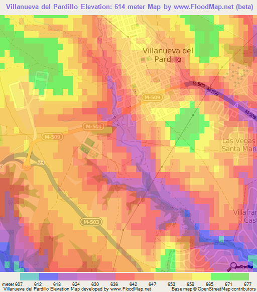 Villanueva del Pardillo,Spain Elevation Map