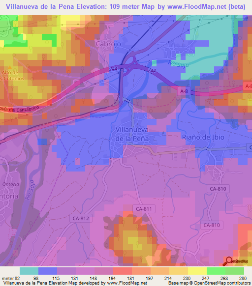 Villanueva de la Pena,Spain Elevation Map