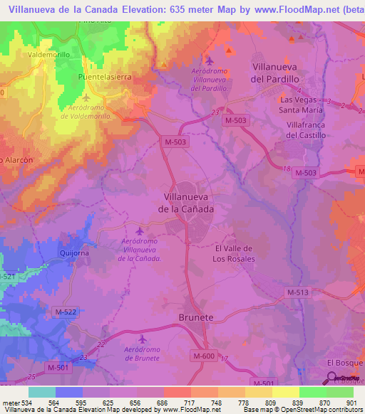 Villanueva de la Canada,Spain Elevation Map