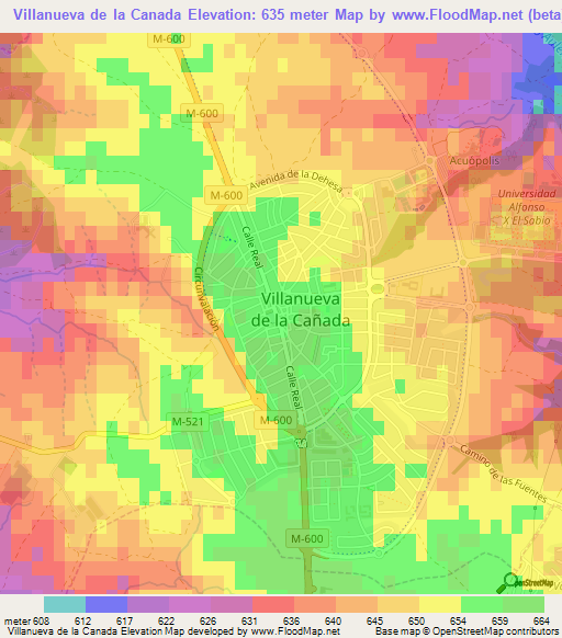 Villanueva de la Canada,Spain Elevation Map