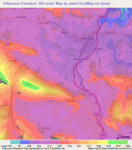 Villanueva,Spain Elevation Map