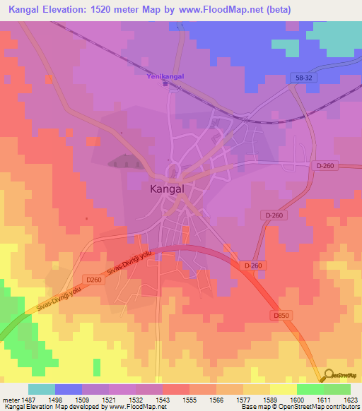 Kangal,Turkey Elevation Map