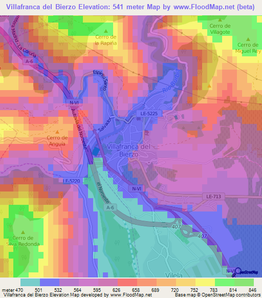 Villafranca del Bierzo,Spain Elevation Map