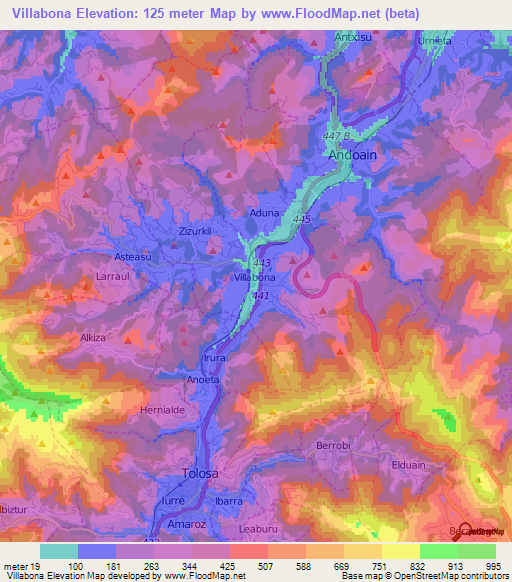 Villabona,Spain Elevation Map