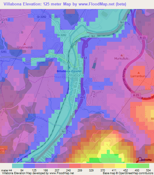 Villabona,Spain Elevation Map
