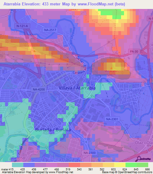 Atarrabia,Spain Elevation Map