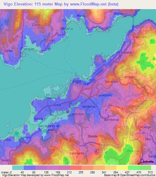 Vigo,Spain Elevation Map