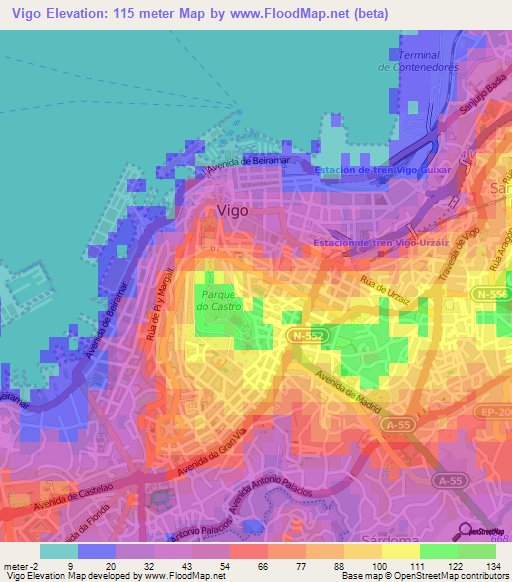 Vigo,Spain Elevation Map