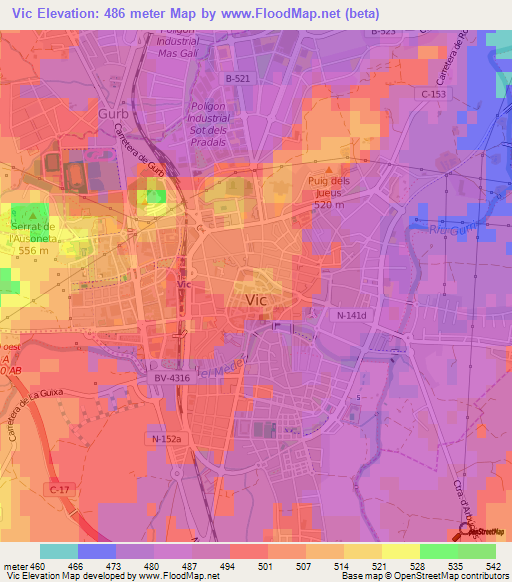 Vic,Spain Elevation Map