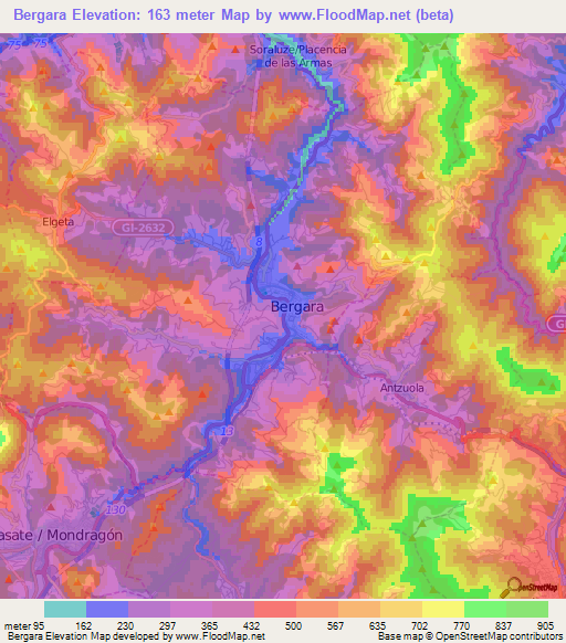 Bergara,Spain Elevation Map