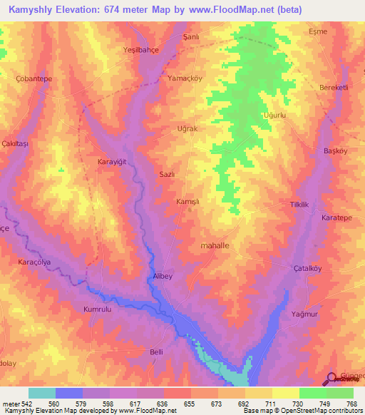 Kamyshly,Turkey Elevation Map