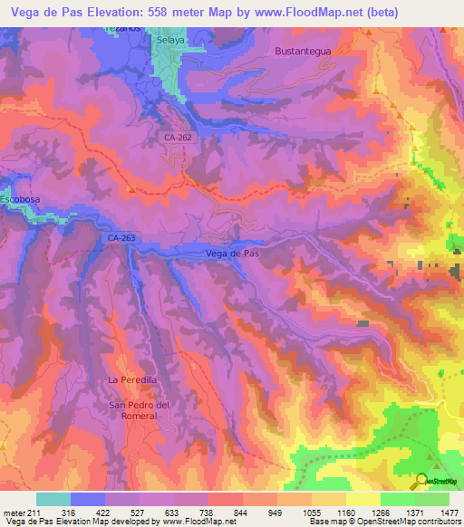 Vega de Pas,Spain Elevation Map