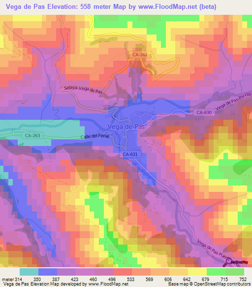 Vega de Pas,Spain Elevation Map