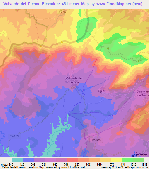 Valverde del Fresno,Spain Elevation Map