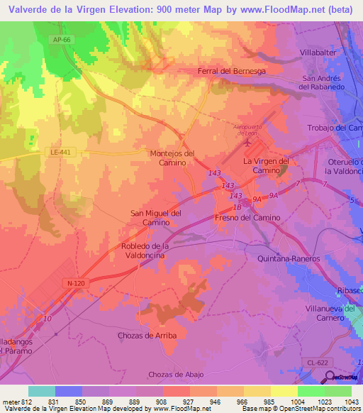 Valverde de la Virgen,Spain Elevation Map