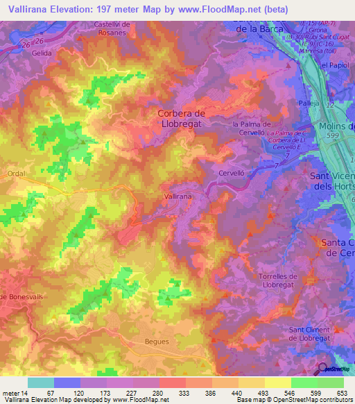 Vallirana,Spain Elevation Map