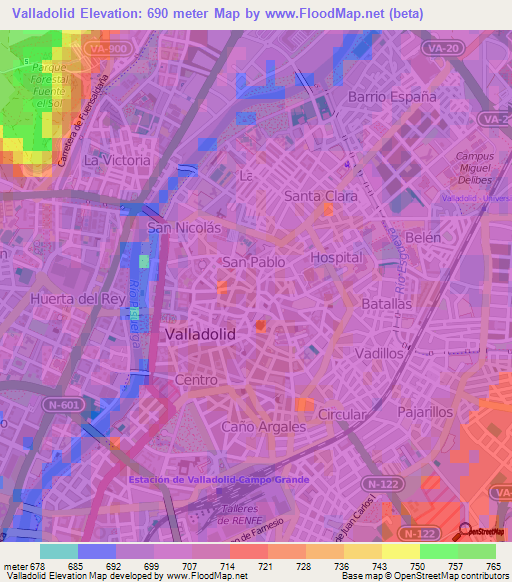 Valladolid,Spain Elevation Map