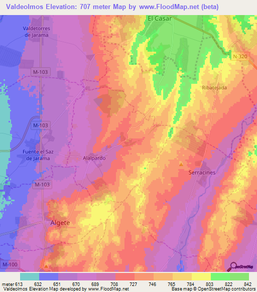 Valdeolmos,Spain Elevation Map