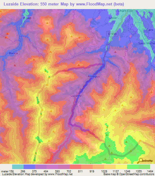 Luzaide,Spain Elevation Map