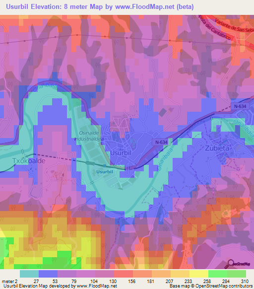 Usurbil,Spain Elevation Map