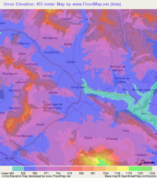 Urroz,Spain Elevation Map