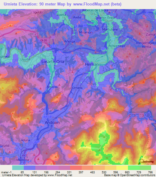 Urnieta,Spain Elevation Map