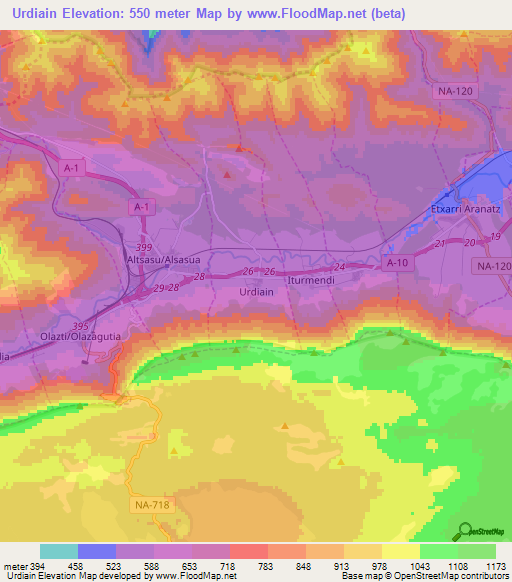 Urdiain,Spain Elevation Map