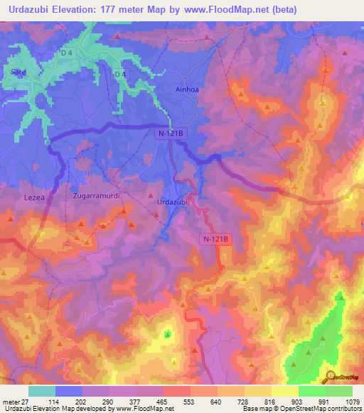 Urdazubi,Spain Elevation Map