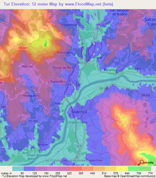 Tui,Spain Elevation Map