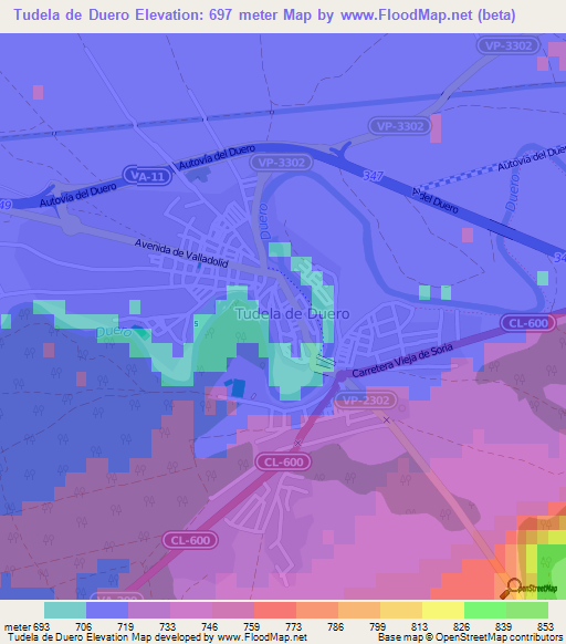 Tudela de Duero,Spain Elevation Map