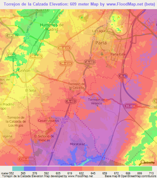 Torrejon de la Calzada,Spain Elevation Map