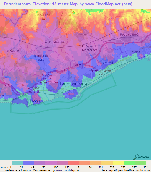 Torredembarra,Spain Elevation Map