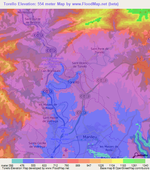 Torello,Spain Elevation Map