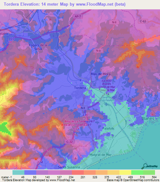 Tordera,Spain Elevation Map