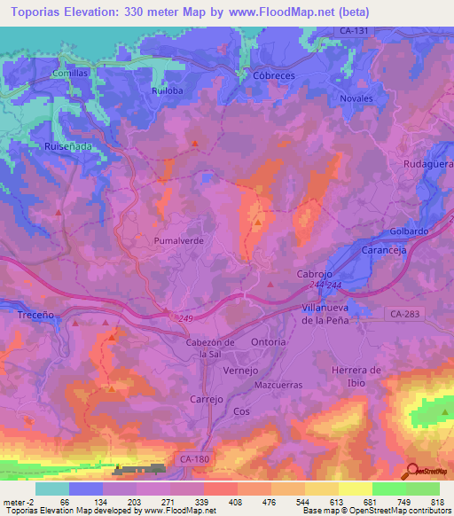 Toporias,Spain Elevation Map