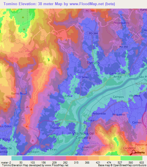 Tomino,Spain Elevation Map