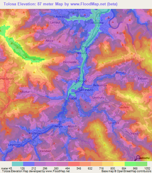 Tolosa,Spain Elevation Map