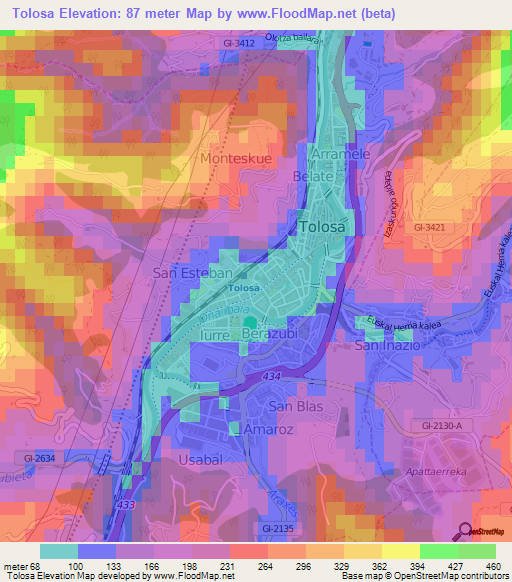 Tolosa,Spain Elevation Map