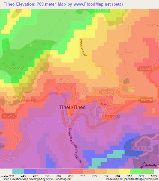 Tineo,Spain Elevation Map