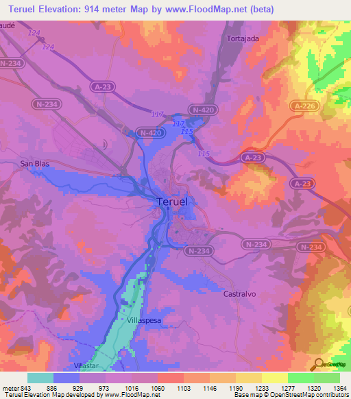 Teruel,Spain Elevation Map