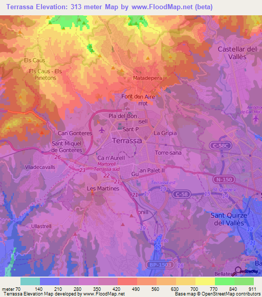 Terrassa,Spain Elevation Map