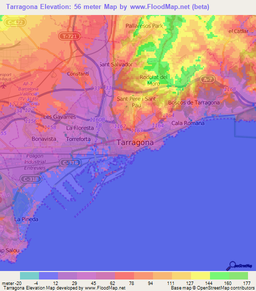 Tarragona,Spain Elevation Map