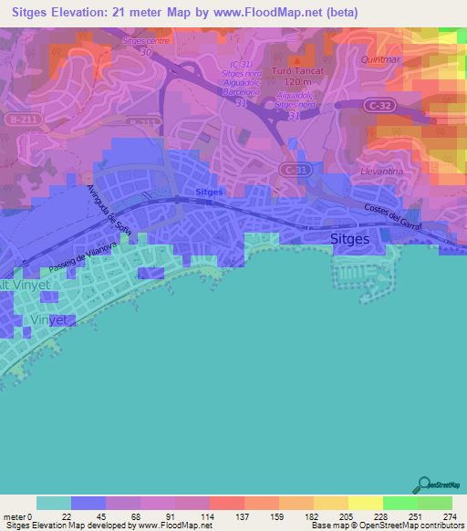 Sitges,Spain Elevation Map