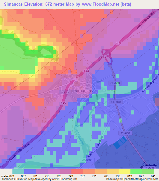 Simancas,Spain Elevation Map