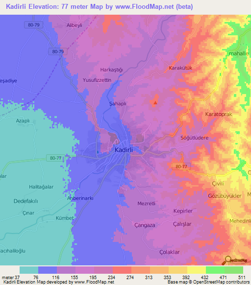 Kadirli,Turkey Elevation Map