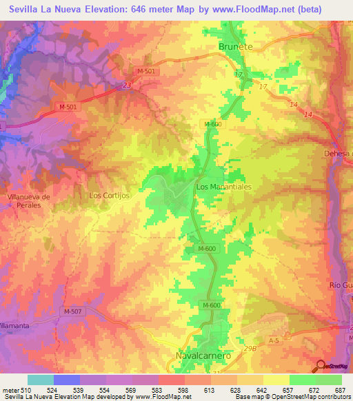 Sevilla La Nueva,Spain Elevation Map