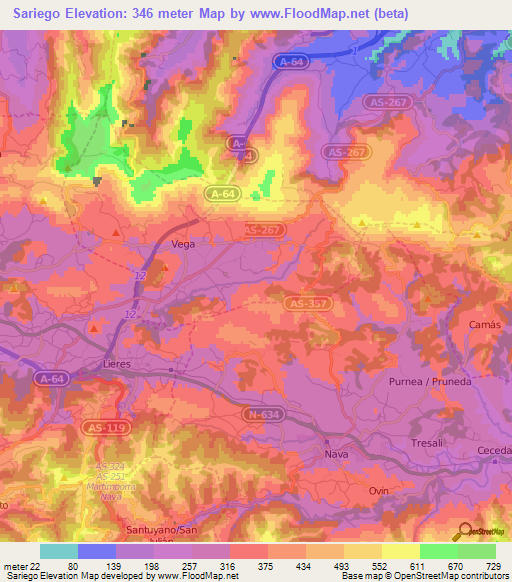 Sariego,Spain Elevation Map