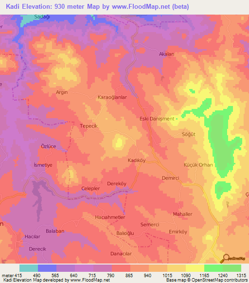 Kadi,Turkey Elevation Map